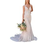 SEVENYXX Brautkleider Spaghettiträger Meerjungfrau Hochzeitskleider mit Schleppe Standesamtliche Brautmode, White, 32