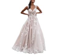 SEVENYXX Damen Brautkleid Lang A-Linie Standesamt Hochzeitskleid Prinzessin Spitzen Brautmode Kleid, White, 46