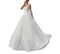 SEVENYXX Damen Brautkleid Prinzessin Brautkleid A-Linie Spitze Brautkleid Dünne Gaze Brautmode, weiß, 48