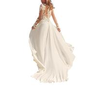 SEVENYXX Damen Brautkleider Hochzeitskleider Langarm Chiffon Strand Brautkleid mit Schlitz, White, 50