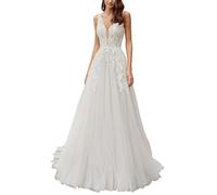 SEVENYXX Damen Brautkleider Prinzessin Lang Hochzeitskleid A-Linie Tüll Brautmode Standesamtkleid, Ivory, 48