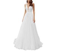 SEVENYXX Damen Brautkleider Prinzessin Lang Hochzeitskleid A-Linie Tüll Brautmode Standesamtkleid, White, 36