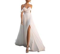 SEVENYXX Damen Brautkleider Standesamt Schulterfrei Hochzeitskleider Chiffon Brautkleid mit Schlitz, Ivory, 34