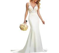 SEVENYXX Damen Spitzen Brautkleider Meerjungfrau Hochzeitskleider V-Ausschnitt Standesamtkleider Rückenfrei, Weiß, 32