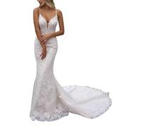 SEVENYXX Hochzeit Spitze Meerjungfrau Brautkleid Gepaart mit Zug Brautkleid, weiß, 32