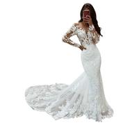 SEVENYXX Langarm Meerjungfrau Brautkleid Standesamt Hochzeitskleider Tüll Brautkleider mit Schleppe, Ivory, 34