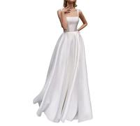 SEVENYXX Satin Brautkleid A-Linie Lange Brautkleid Ärmellos Brautkleid, weiß, 40