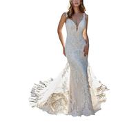 SEVENYXX Spitzen Brautkleider Hochzeitskleider Standesamtliche Meerjungfrau Brautkleid mit Schleppe, White, 36