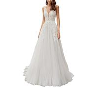 SEVENYXX Women's Wedding Dress A-Line Princess Wedding Dress Long Tulle Registry Office Bridal Fashion Wedding Dress, Ivory, 36