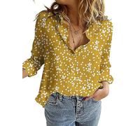 SEVETAT Damen Button Down Bluse Oberteil V-Ausschnitt Roll Up Langarm Blusen Shirt Boho Blumendruck Top Hemden Casual Lose Langarmshirt Blusenshirt (S, Gelb)