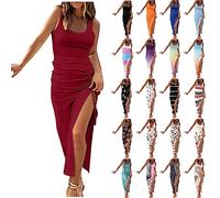 Sexy Ärmellos Tankkleid Damen Enges Sommerkleid Gerippte Etuikleid mit Kordelzug Urlaub Strandkleid Einfarbig Schlitz Partykleid Bodycon Lange Kleider Freizeitkleid Figurbetontes Kleid Maxikleid