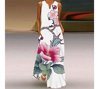 Sexy Ärmelloses Damen-Maxikleid Mit V-Ausschnitt - Flippiger Weißer Swing-Rock, Pulloverrock Mit Cartoon-Aquarell-Blumendruck, Sommer-Outdoor-Urlaub, Lässig, Strandparty, Fließendes Langes Kleid