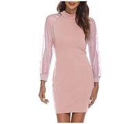 Sexy Club-Kleid für Frauen, halber Rollkragen, Langarm-Rock, einfarbig, Mesh-Perlen-Panel, schlanke Damenkleider, Kleider
