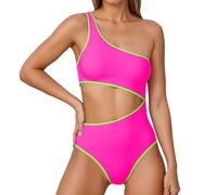 Sexy Damen-Badeanzug, einteilig, mit Einer Schulter, Neonfarbblock, schlankmachende Netz-Bademode