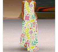 Sexy Damen-Freizeitkleider Mit V-Ausschnitt - Beige, Fließendes Swing-Maxikleid, Ärmelloses Kleid Mit Cartoon-Buntblumen-Druck, Flippiger Outdoor-Sommer-Pulloverrock, Urlaubs-Strand-Sommerkleid, S