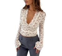 Sexy Damen-Oberteil, V-Ausschnitt, langärmlig, Spitze, niedrig geschnitten, eng anliegend, Y2K, durchsichtiges Spitzen-Shirt, Streetwear, Spitze weiß, Groß
