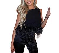 Sexy Damen-Tanktop Oberteil mit Kunstpelzbesatz, ärmellos, schmale Passform, bauchfrei, Camisole mit Federn, Tanktop für Konzerte, Clubs, Partys, Schwarz, Large
