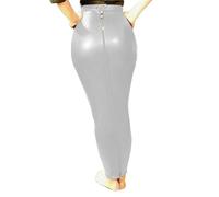 Sexy Damenrock, PU-Leder, hohe Taille, durchgehender Reißverschluss, figurbetont, Hobble, Bleistiftrock, langer Rock, silber, 3XL