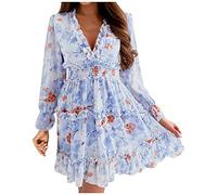 Sexy Elegantes Kleid für Frauen mit Rüschen, V-Ausschnitt, Langarmrock, Blumendruck, Damenkleider, elastische Taille, Kurze Kleider