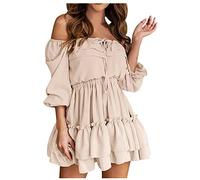Sexy Elegantes Kleid für Frauen One-Shoulder-Langarm-Boho-Rock Solide elastische Taille Rüschen Spleißen Damenkleider Kleid