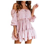 Sexy Elegantes Kleid für Frauen One-Shoulder-Langarm-Boho-Rock Solide elastische Taille Rüschen Spleißen Damenkleider Kleid