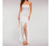 Sexy, elegantes und romantisches Damen Langes Kleid mit extra langen Fransen, weißes langes Kleid, trägerloses Kleid, Partykleid, Abendkleid, Valentin
