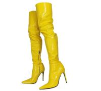Sexy gelber Stiletto-Overknee-Stiefel, niedlicher Lack-Winter, dünner Absatz über dem Knie, Frankie Hsu Damen Herren, große große große Designer-Oberschenkelhohe lange Stiefel für Frauen, gelb, 47 EU