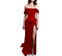 Sexy High Split Ballkleider für Frauen Lange Meerjungfrau Abendkleider Satin Schulterfrei Cocktail Party Kleider, rot, 40