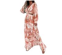 Sexy Kleid Damen Jumpsuit Weihnachten Enges Elegant Drucken Hollow Out V-Ausschnitt Kleider Langarm Rüschen A-Linie Swing Hohe Taille Bohokleid Kleidr Herbst(Orange,S)