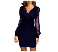 Sexy Kleid Damen Winter Silvester Elegant Tüll Perle/Pailletten Einfarbig V-Ausschnitt Abendkleid Herbst Kurz Partykleid Schöne Festlich Slim