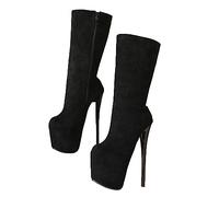 Sexy Leopardenmuster-Plattformstiefel für Damen mit mittlerer Wade, kniehohe Stiefel mit seitlichem Reißverschluss, 20 cm, Super-Stiletto-High-Heels, Nachtclub-Pole-Dance-Abschlussball,Schwarz,37
