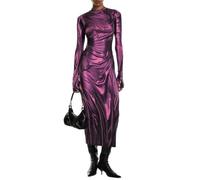 Sexy Maxikleid für Damen, 3D-Druck, langärmelig, einzigartig, knitterfrei, ästhetisch, figurbetont, Party, Rave, Club, Outfits, Violett, Mittel