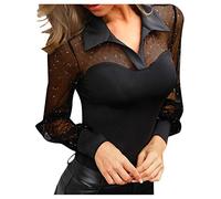 Sexy Oberteil Damen Langarm - Bluse Damen Schulterfreies Mesh Punkte, Enges Body Arm Shaper T-Shirt V-Ausschnit Revers Hemd Langarmshirt Tunika Top Lässig Party Oberteil Blusen & Tuniken für Frauen