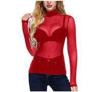 Sexy Oberteil Damen Langarm - Transparente Tüll Mesh Bluse - T Shirt Damen Langarm High Stretch Slim Fit Sheer Arm Shaper Top Basic Langarmshirts Tunika Tops Party Oberteile Clubwear Netzoberteil