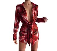 Sexy Partykleid für Frauen mit tiefem V-Ausschnitt, Revers, Langen Ärmeln, Damenkleidern, Tie-Dye-Druck, Hemdrock, Schnür-Minikleider