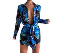 Sexy Partykleid für Frauen mit tiefem V-Ausschnitt, Revers, Langen Ärmeln, Damenkleidern, Tie-Dye-Druck, Hemdrock, Schnür-Minikleider