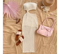 Sexy rückenfreies Midi-Kleid aus strukturiertem Stoff, figurbetonter Passform, ideal für Musikfestivals, Boho-Stil, Urlaub, Dates oder Nachmittagstee