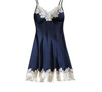 Sexy Satin Nachthemd Damen Negligee Sexy Große Größe Nachthemd Nachtwäsche Damen V Ausschnitt Babydoll Spitze Dessous Sexy Lingerie Pyjama Schlafhemd Damen Spaghetti Träger Kleid Kurz Dunkelblau S