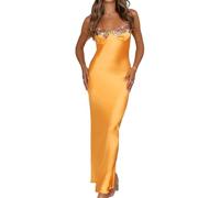 Sexy Satin-Spaghettiträger-Maxikleid mit Blumenstickerei, Herzausschnitt, rückenfrei, ärmellos, Schlitz-Midikleid, Orange/Abendrot im Zickzackmuster (Sunset Chevron), Mittel