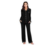 Sexy Schlafanzug Frauen,Damen Pyjama-Sets Schwarzes Revershemd Modal Baumwolle Weiße Streifen Elegant Kuschelig Warm Langarm Pjs Top & Unterteile Set Lounge Wear Nachtwäsche Weiche Faultier Nachtw