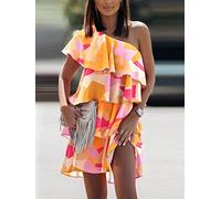 Sexy Schulterfreies Kleid für Frauen, Mode, Druck, kaskadierende Rüschen, lässig, Strand, Sommerkleid, lose, weibliche Minikleider, S, pulvergelb