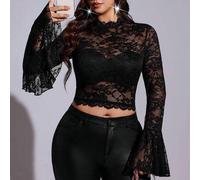 Sexy semi-transparente Spitzenbluse Große Größen für Damen mit französischem Stehkragen, ausgestellten langen Ärmeln, Cut-outs und bauchfreiem Crop-Sc