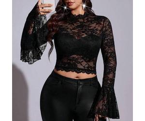 Sexy semi-transparente Spitzenbluse Große Größen für Damen mit französischem Stehkragen, ausgestellten langen Ärmeln, Cut-outs und bauchfreiem Crop-Sc