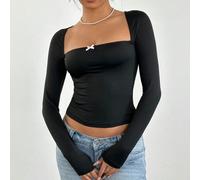 Sexy und YTK-Trendy Damen-T-Shirt mit quadratischem Ausschnitt, rosa Schleife und verziertem, tailliertem, langärmeligem schwarzem Korsett-Oberteil fü