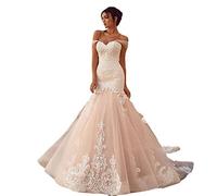 Sexy V-Ausschnitt Langarm Hochzeitskleid Meerjungfrau Elegant Spitze Perlen Brautkleid Rücken Knopf Applikationen Partykleid (Farbe: Weiß, Größe: 16)