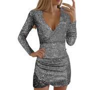 Sfwqoifou Paillettenkleid Damen Gold, Pailettenkleider für Damen Langarm Glitzer Elegant Cocktailkleid Minikleid Pailletten Fasching Glitzerkleid Sexy Festkleid Partykleid Hochzeit Bodycon, Grau, 5XL