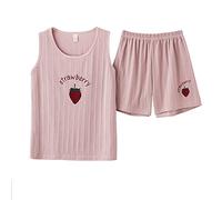 SGEGM Schlafanzug,Damen Pyjama Set Sommer Pink Rundhalsausschnitt Rot Erdbeere Frucht Brief Print Süßes T-Shirt Ärmellos Loungewear Nachtwäsche Hosen Für Damen Damen Mädchen Studenten Nachtwäsche N