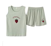 SGEGM Sexy Schlafanzug Frauen,Damen Pyjama Set Sommer Grün Rundhalsausschnitt Rot Erdbeere Frucht Brief Print Süßes T-Shirt Ärmellos Loungewear Nachtwäsche Hosen Für Damen Damen Mädchen Studenten N