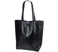 SH Leder ® Damen Echt Rindleder Shopper mit Innentasche in vielen Farben Schultertasche Henkeltasche 37x29cm Kora G266 (Schwarz Metallic)