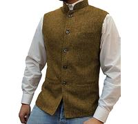 SHACE Herren Anzugweste - Herren Einreiher Anzug Weste Elegant Ärmellos Stehkragen Business Knopf Slim Fit Fischgrätenmuster Mit Taschen Weste,Braun,L